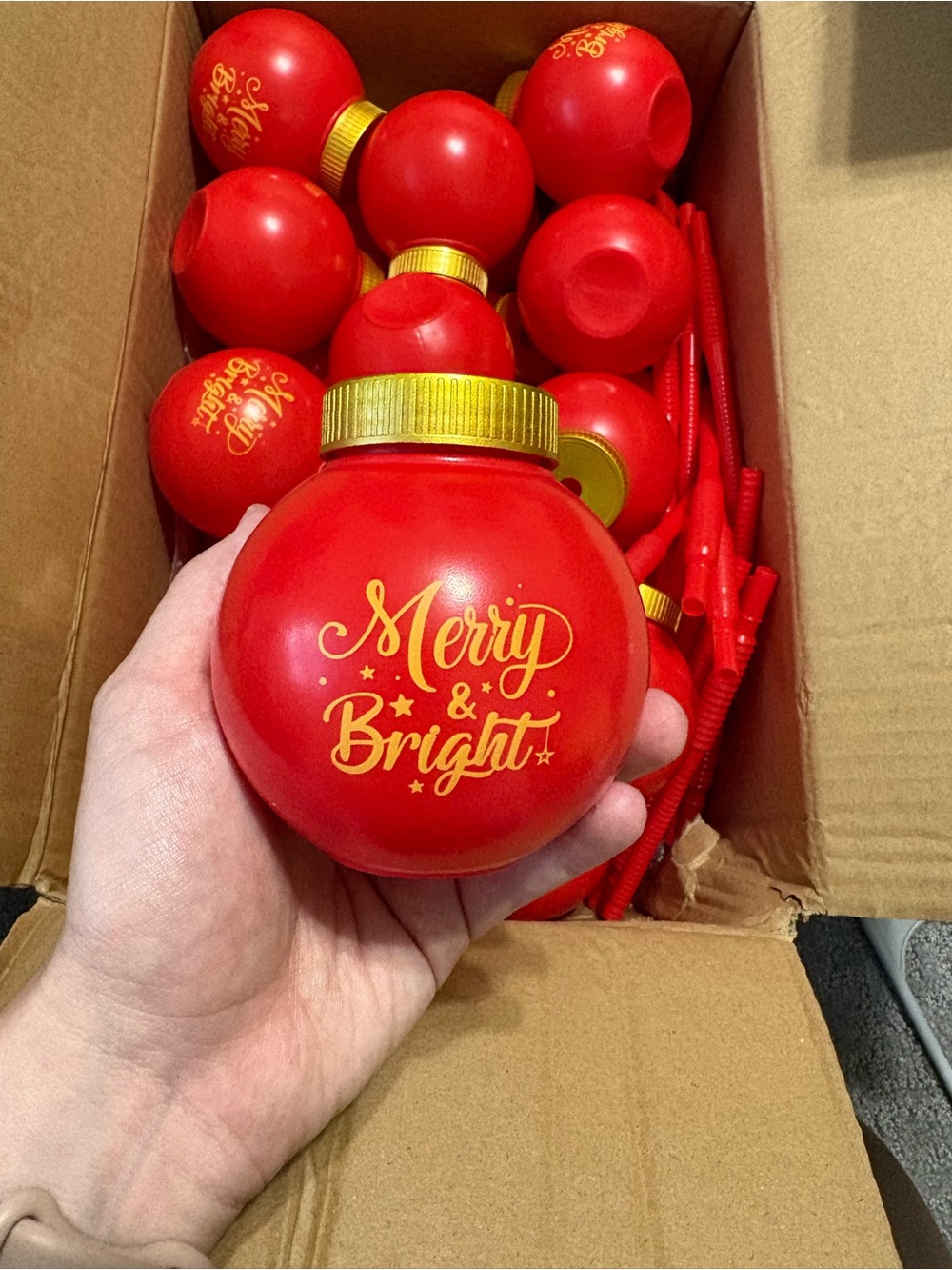 Merry & Bright Red Holiday Ornament style cups with straws